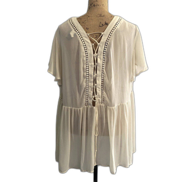 Torrid Chiffon Lace Up Back Blouse Sheer Cream Flowy Bohemian Plus Size 2X - Picture 5 of 7